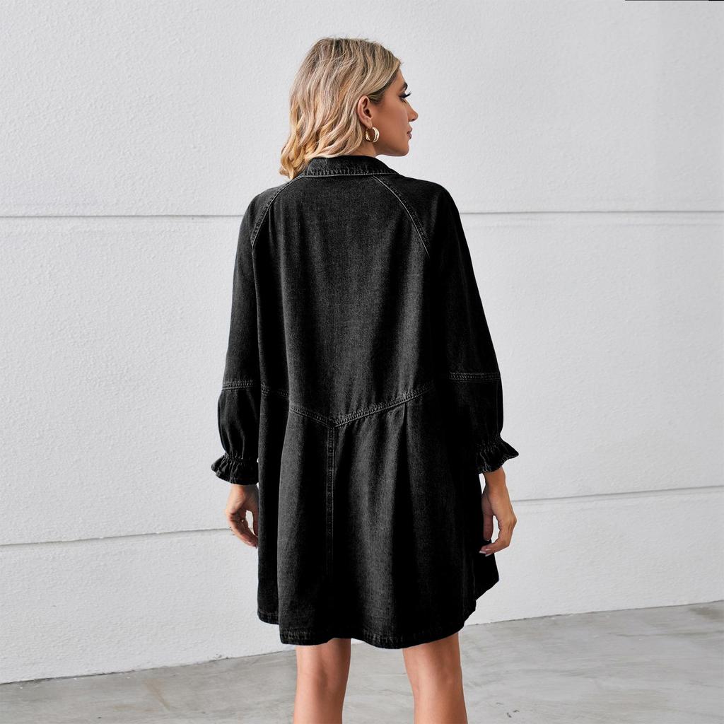 Solid Color Print POLO Neck Loose Wash Long Sleeve Patchwork Denim Dress MIDI for Women