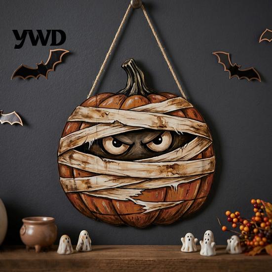 Autumn Theme Room Furnishings Halloween Mummy Pumpkin Hanging Sign, Retro Wooden Pendant with Decorative Party Sign Hemp Rope for Front Door