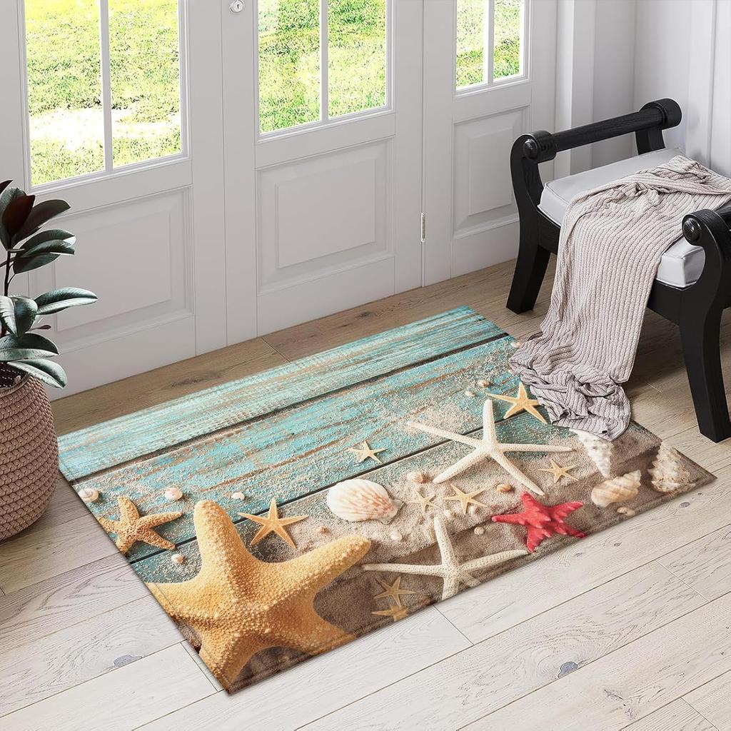 Colorful Beach Seashell Pattern Welcome Door Mat Ocean Theme Entrance Rug Non-slip Water Absorbent Home Decor Carpet for Doorway