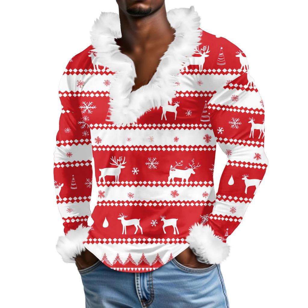 Herren Lässiges Weihnachten Bedrucktes Plüsch V-Ausschnitt und Fleece Langarm-Sweatshirt