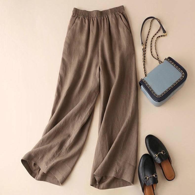 Pantalon Large en Coton Lin pour Femmes Pantalon d'Été pour Femmes Pantalon Décontracté Longueur Totale Pantalon Droit à Taille Haute Ample Uni Tendance