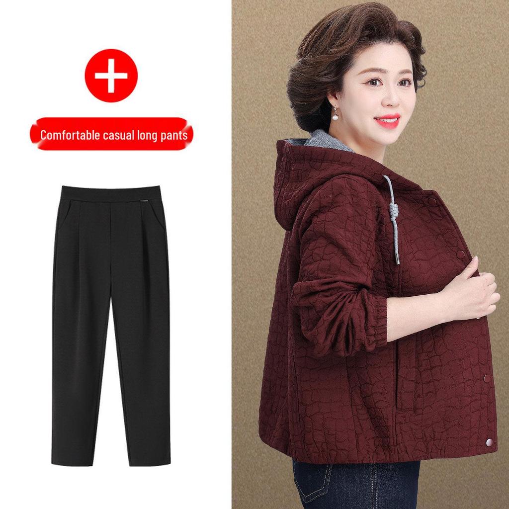 Spring Hooded Jacket & Wide-Leg Pants Set for Stylish Middle-Aged Women