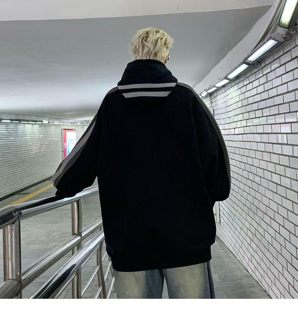 Men's Trendy American Striped Patchwork Hoodie - Autumn/Winter Casual Loose Fit for Couples