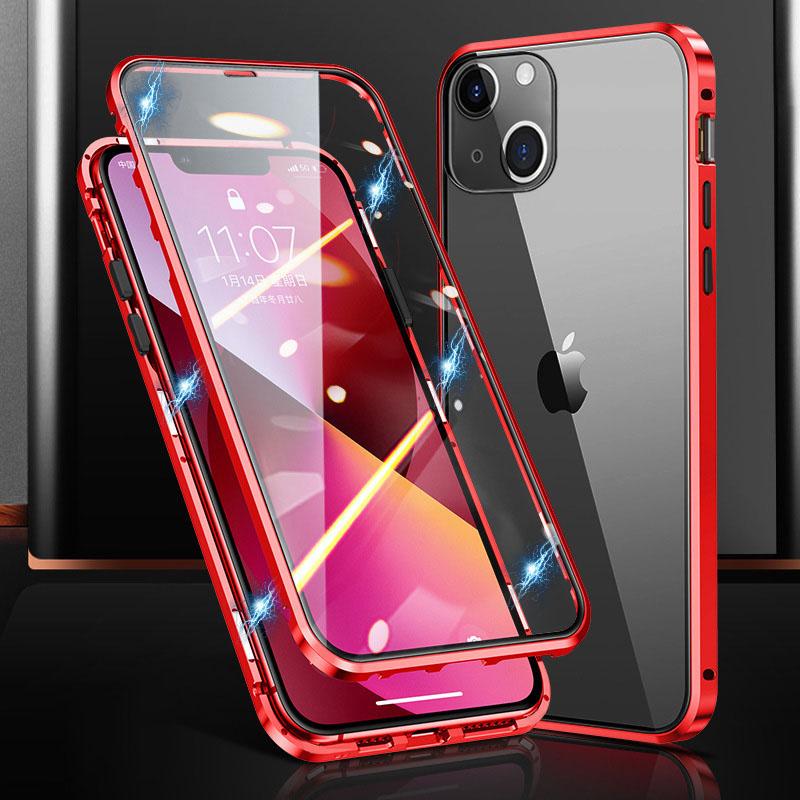 

Magnetic Metal Frame+Dual Side Tempered Glass Phone Case for iPhone 15 Full Protection Clear Phone Cover Red