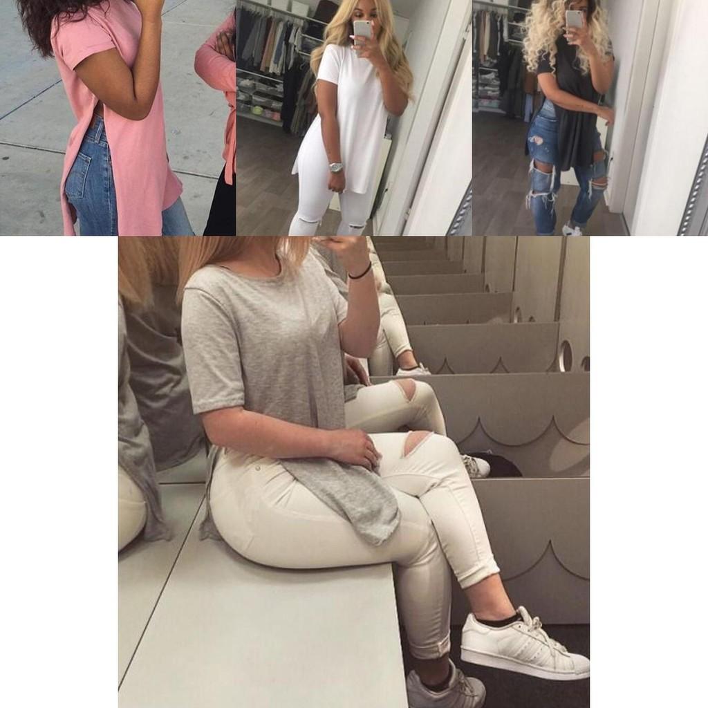 Women's Premium Quality Long T-shirt Round Neck Short Sleeve Split Tops Casual Dress