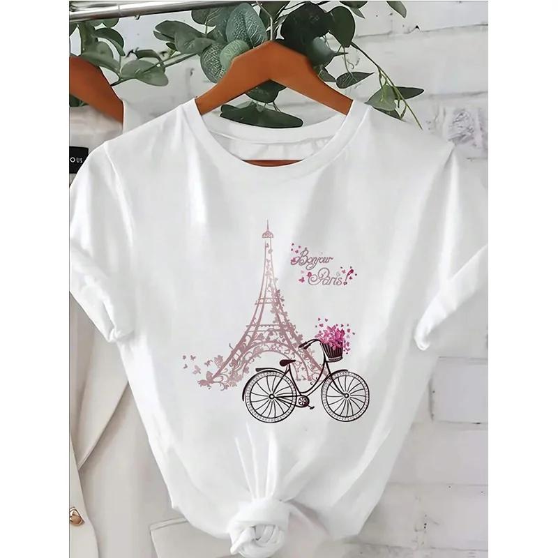 Ladies' Floral Eiffel Tower and Bicycle Printed T-Shirt Casual Short Sleeve Round Neck T Shirt Graphic Tees Women White Tops