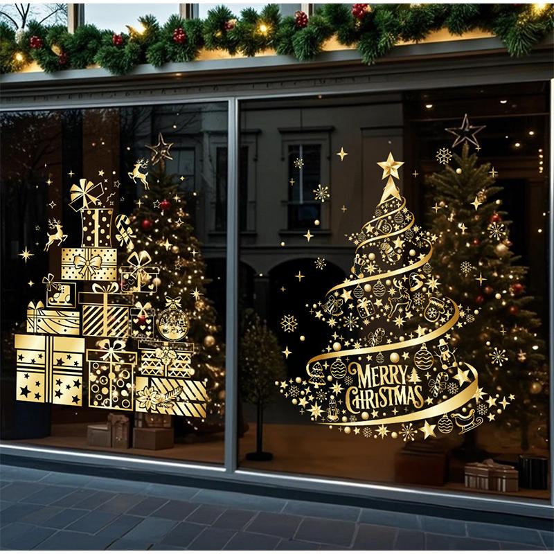 Christmas Sticker Gold PVC Double-sided Printed Static Window Sticker Christmas Decorations Atmosphere Glass Sticker New Year