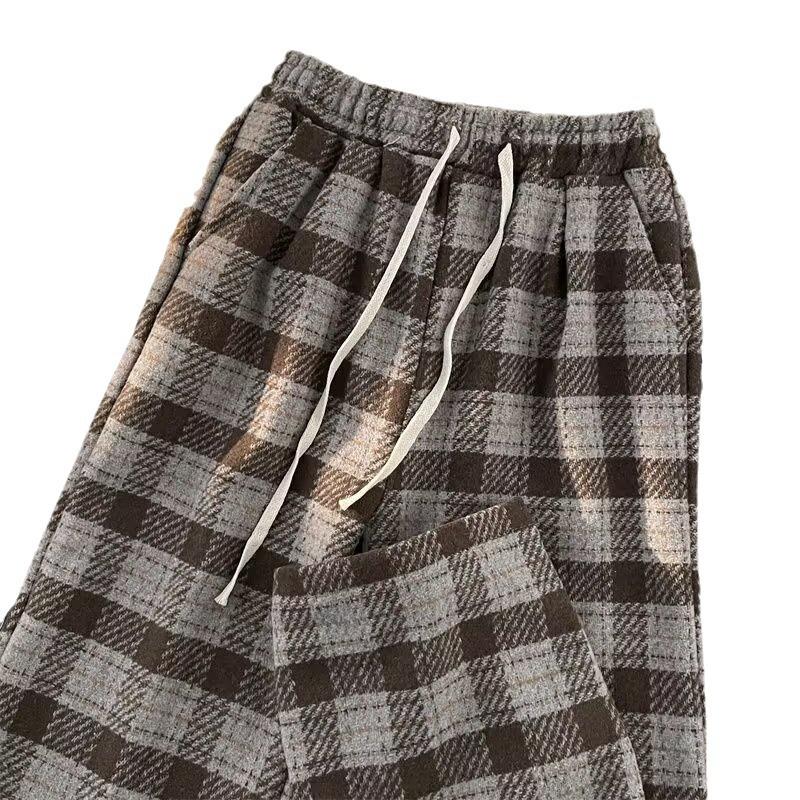 Wool Casual Pants Men's Japanese Loose Lazy Wind Wide Leg Pants Autumn and Winter Vintage Plaid Pants