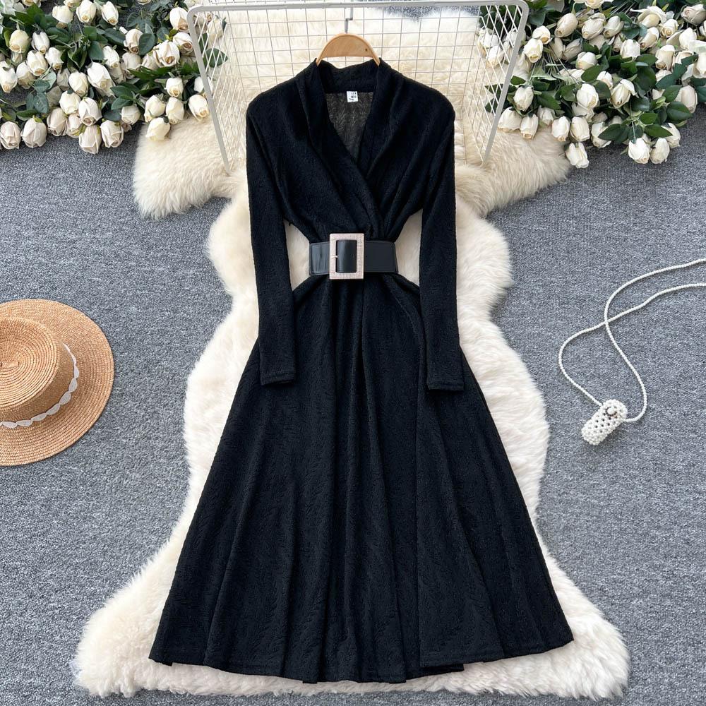 Royal Sister Fan High-end Feeling with Belt Waist Dress Women's Autumn Light and Thin Temperament Drape Print Dress