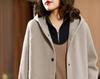 Dámský vlněný kabát střední délky s kapucí - Jednobarevný, Všestranný, Zeštíhlující, Ležérní, Jaro 2023