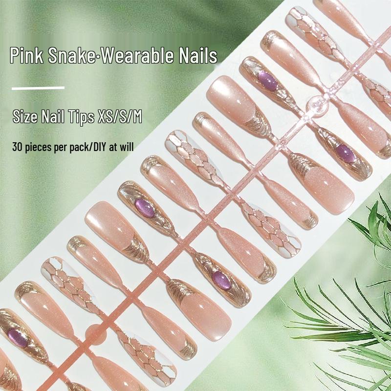 

Pink Snake Almond Press-On Nails: Long Snakehead Nail Art in Buccellati Style for a Sweet and Cool Year of the Snake.