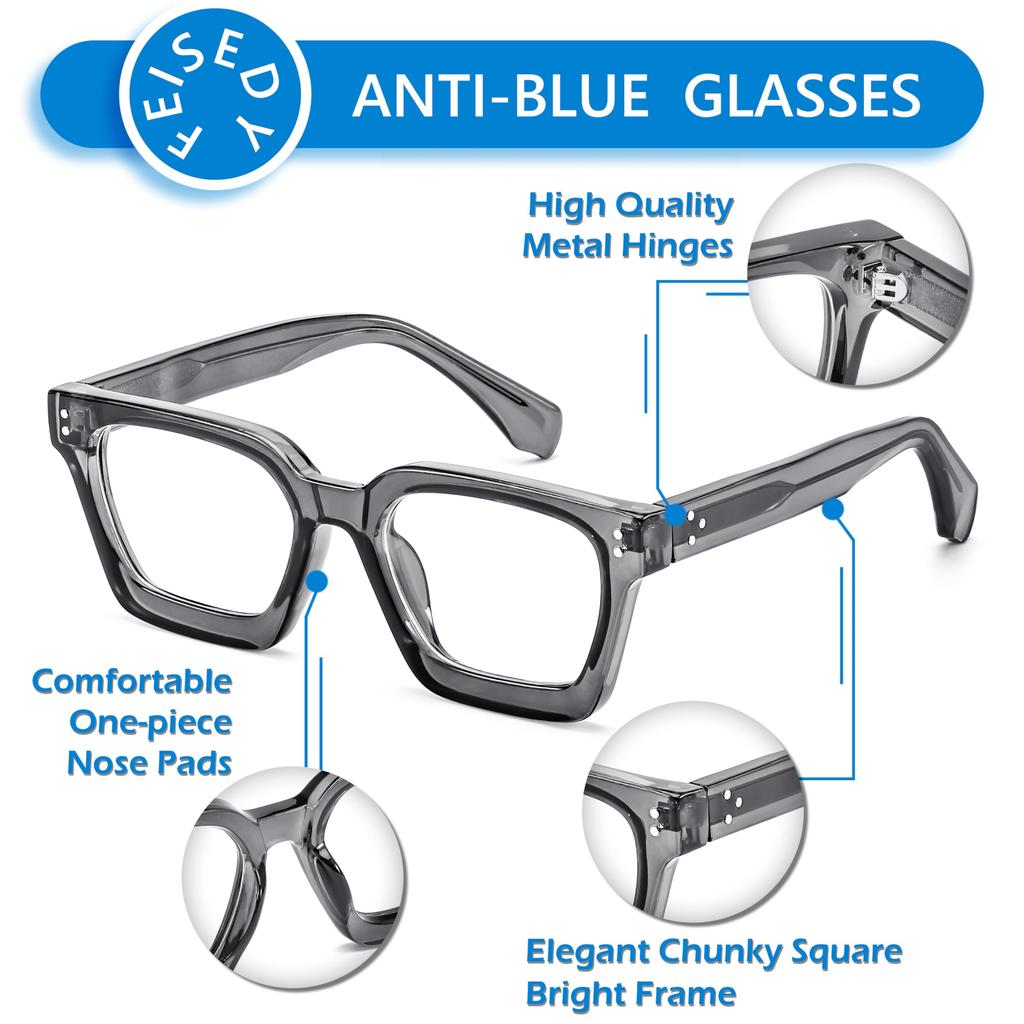 Blue Light Blocking Glasses for Square B0101 [FEISEDY] Computers, Non-Prescription, Shape, Stylish, Men's & Women's,