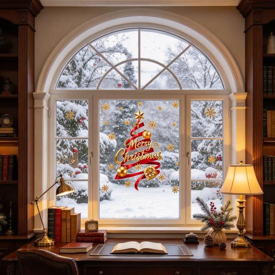 Home Window Ornaments 2Pcs Christmas Static Clings, Tree Stickers with Gift Box Snowflake, Merry Glass Decals for Shop Cafe Door Decor Snowflake