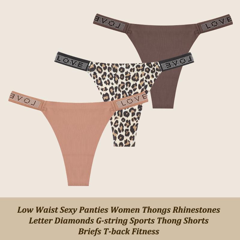 3Pcs/Set Low Waist Sexy Panties Women Thongs Rhinestones Letter G-string Sports Thong Shorts Briefs T-back Size XS-XL