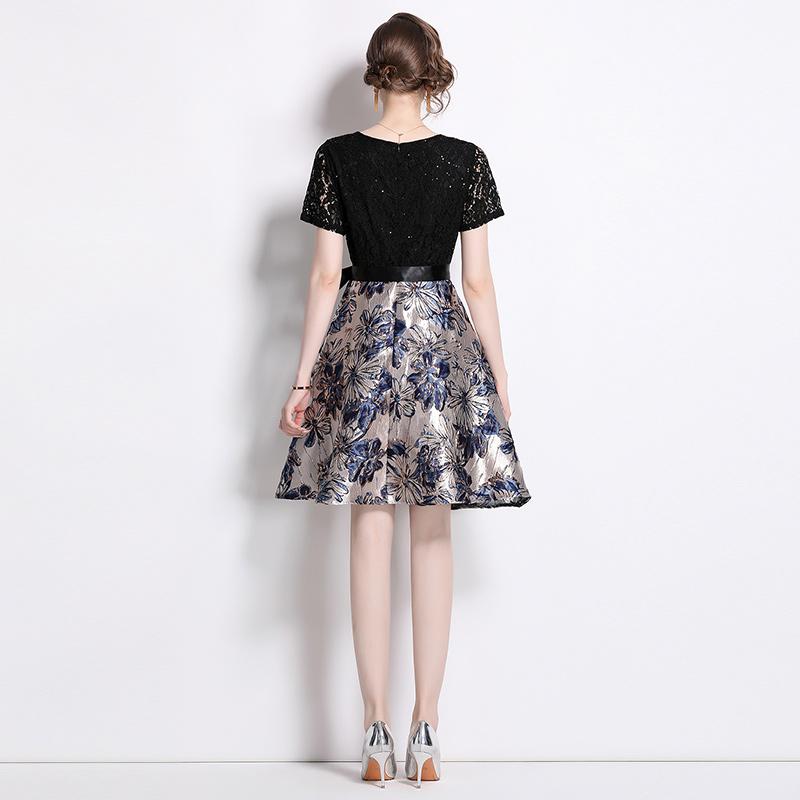 Summer Women V-neck Short Sleeve Vintage Jacquard Flower Lace Patchwork Party Lace-up Dresses