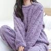 Warm Velvet Ribbed Fleece Pajama Set 2 Piece Women Autumn Pullover And Pants Casual Thicken Lounge Wear