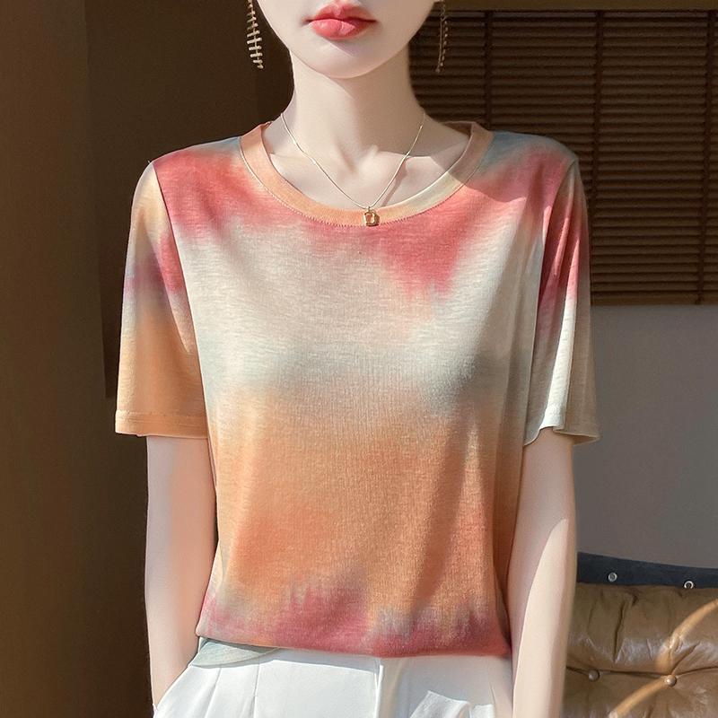 

Женская летняя футболка с коротким рукавом, 50% шелка тутового дерева и полиэстера | Легкий дышащий облегающий повседневный топ M оранжевый