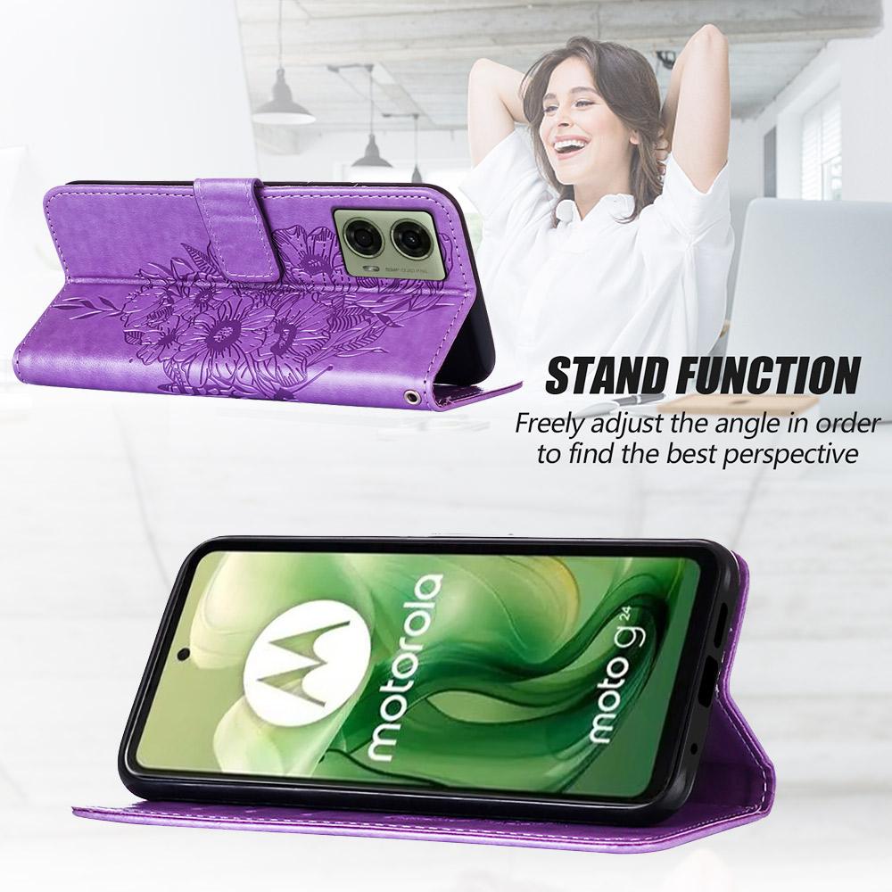 For Motorola Moto E14 4G/G04 4G/G04s 4G/G24 4G Wallet Case with Wrist Strap Butterfly Imprint Leather Phone Cover