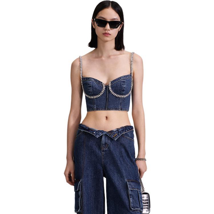 Self-Portrait Rhinestone Embellished Crop Top Sexy Sleeveless Camisole Women tops Denim-Blue SWF343B00700