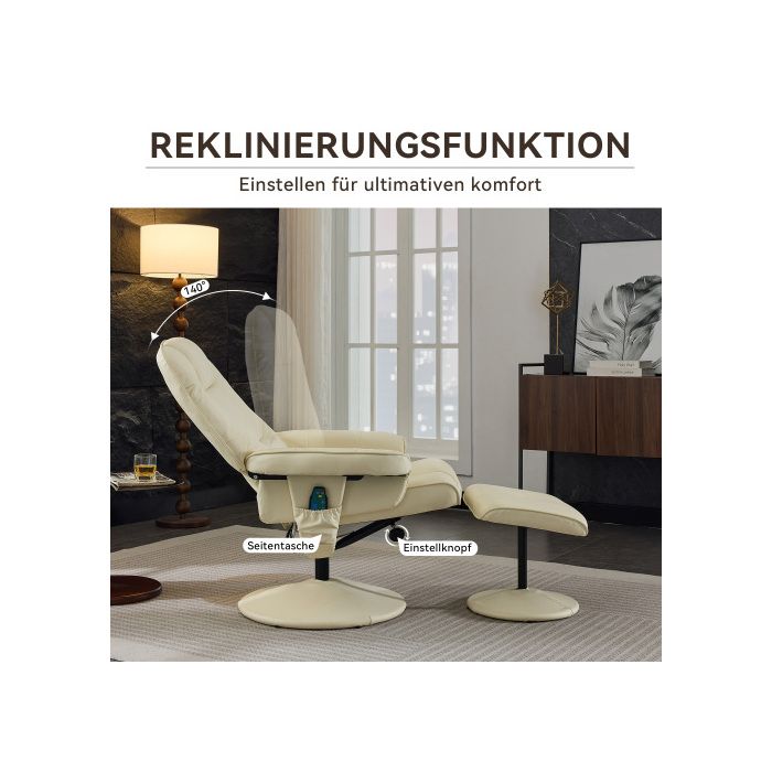 Fauteuil De Massage Avec Fonction Inclinable, Chauffage Et Repose-pieds, Fauteuil TV Relax En Tissu PU, Rotation À 360°, Beige