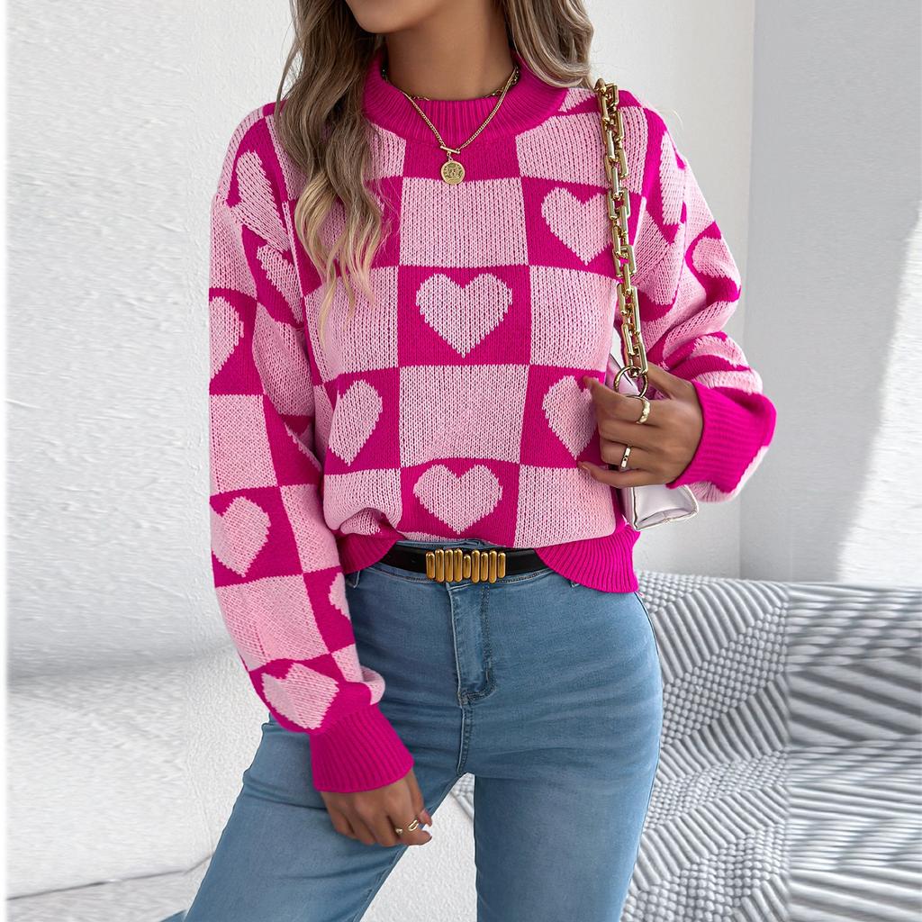 Women's Round Neck Contrasting Plaid Love Long-sleeved Pullover Sweater