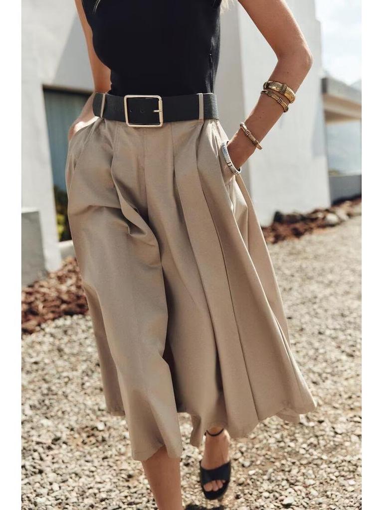 2025 Spring/Summer Padded Shoulder Patchwork Sleeveless Belted Crew Neck Dress