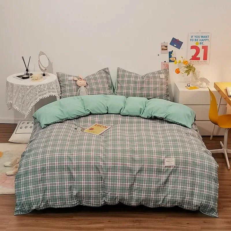 Japanese Grid Printed Washed Bedding Set Skin-Friendly Breathable Quilt Cover Sets for All Seasons Queen King Size Bedclothes