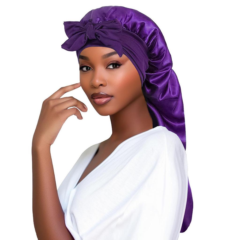 Satin Bow Tie Long Stocking Nightcap Headscarf for Long Hair Protection