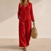 Women's V-Neck Button Long Sleeve Top and Wide Leg Pants Two-Piece Set Color Casual Suit
