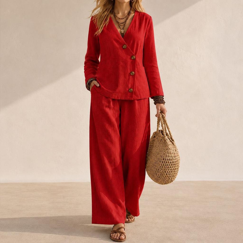 Women's V-Neck Button Long Sleeve Top and Wide Leg Pants Two-Piece Set Color Casual Suit