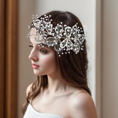 Bridal Headwear Hair Accessories Party Hair Jewelry Tiara, Faux Pearl Hollow Out Side Headwear For Wedding