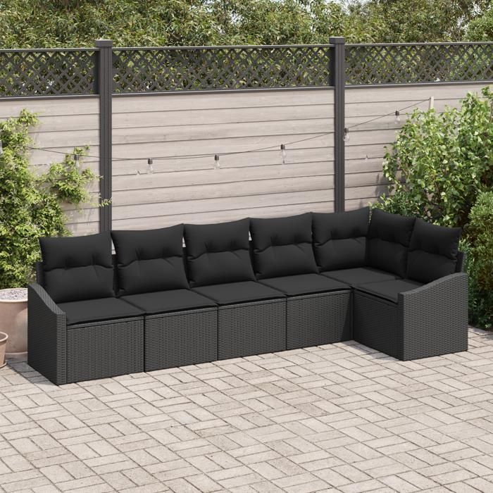 VidaXL Ensemble de salle à manger de jardin de 6 pièces avec coussins en poly rotin noir 3355412