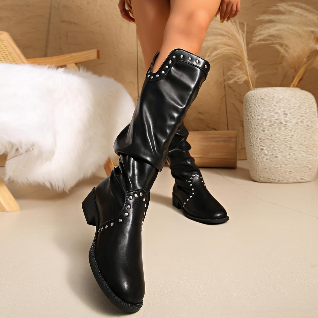 Long Tube Boots with Rivets  High Tube Western Cowboy Boots  Knight Boots