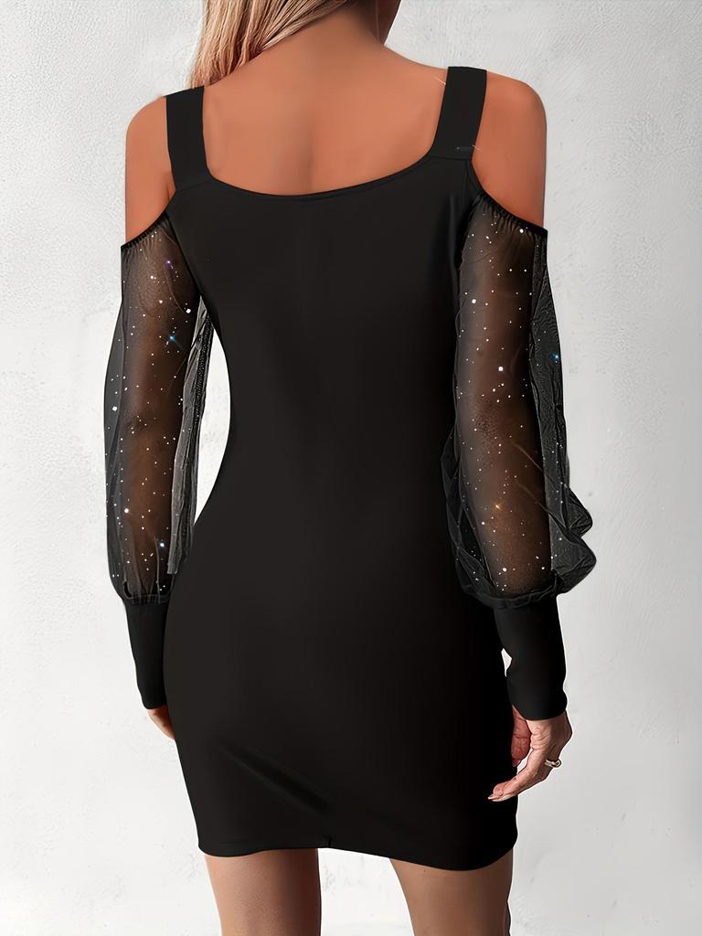Women's Fashion Mesh Patchwork V-Neck Pleated Bodycon Dress