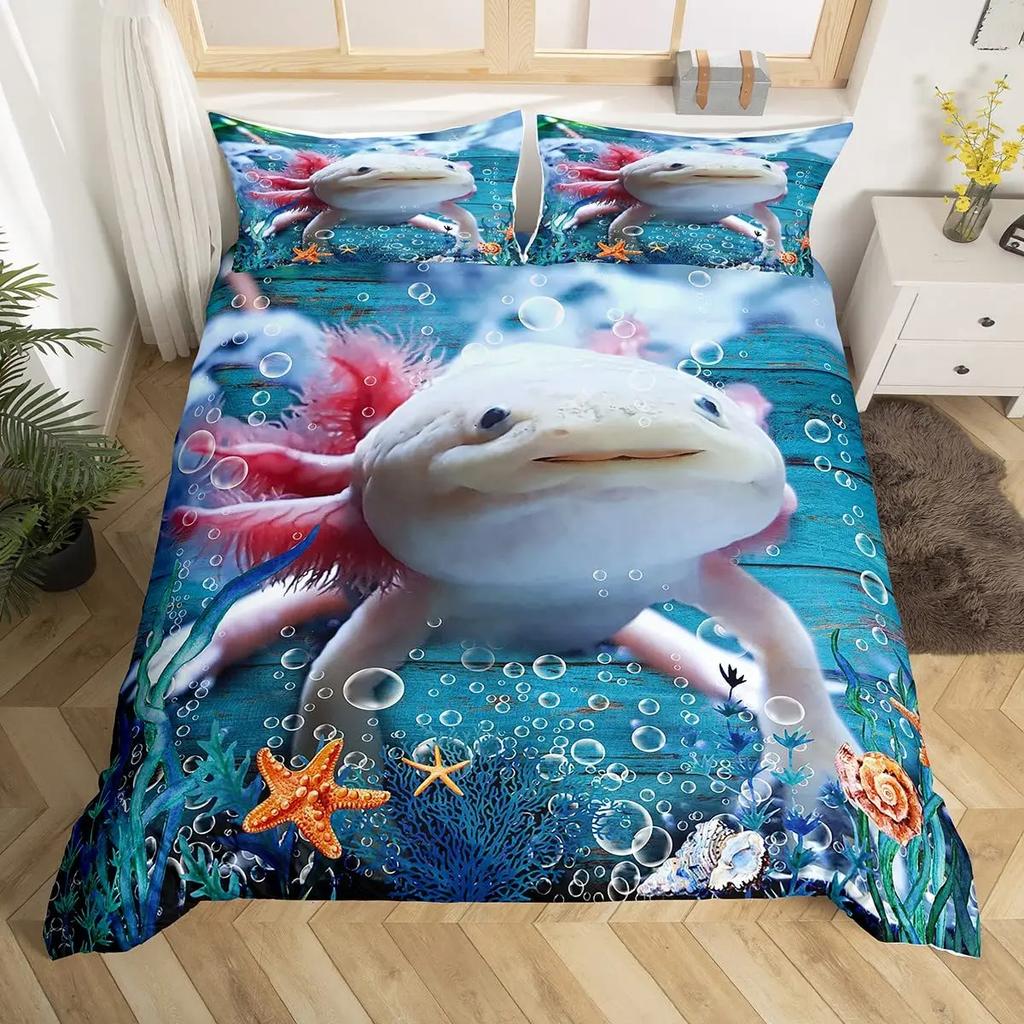 Axolotl Sada povlečení Růžová mláďata Divoká zvířata Povlak na přikrývku s povlaky na polštáře Kreslená chobotnice Zvíře Kawaii styl Dvojitý povlak na přikrývku