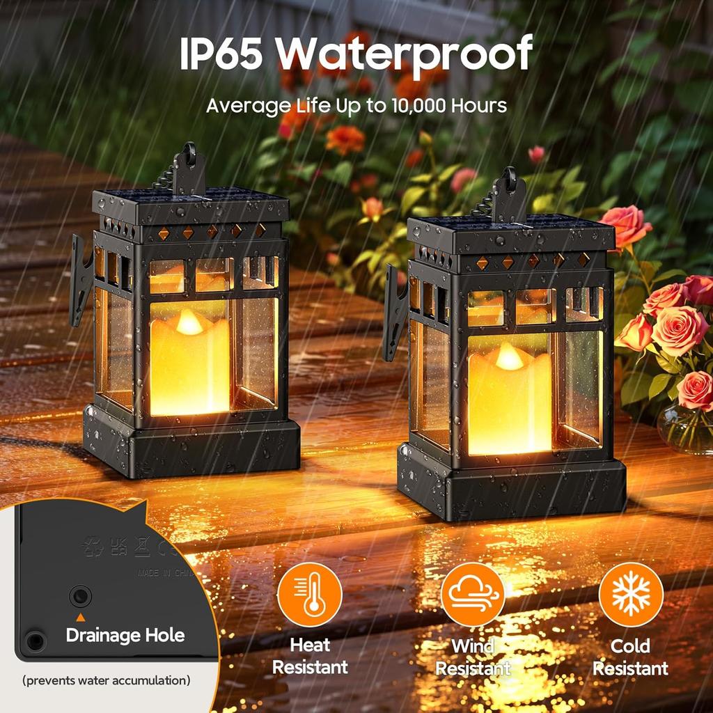 Solar Lanterns Outdoor Waterproof, 2 Modes LED Flameless Candle Hanging Light for Patio Yard Tree Decor