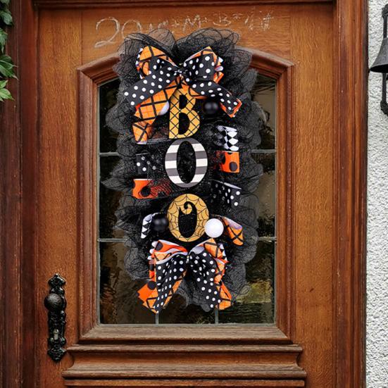 Halloween Swag Wreath for Front Door Scary Mesh Ribbon Boo Swag Garland with Bow for Party Wall Porch Decor
