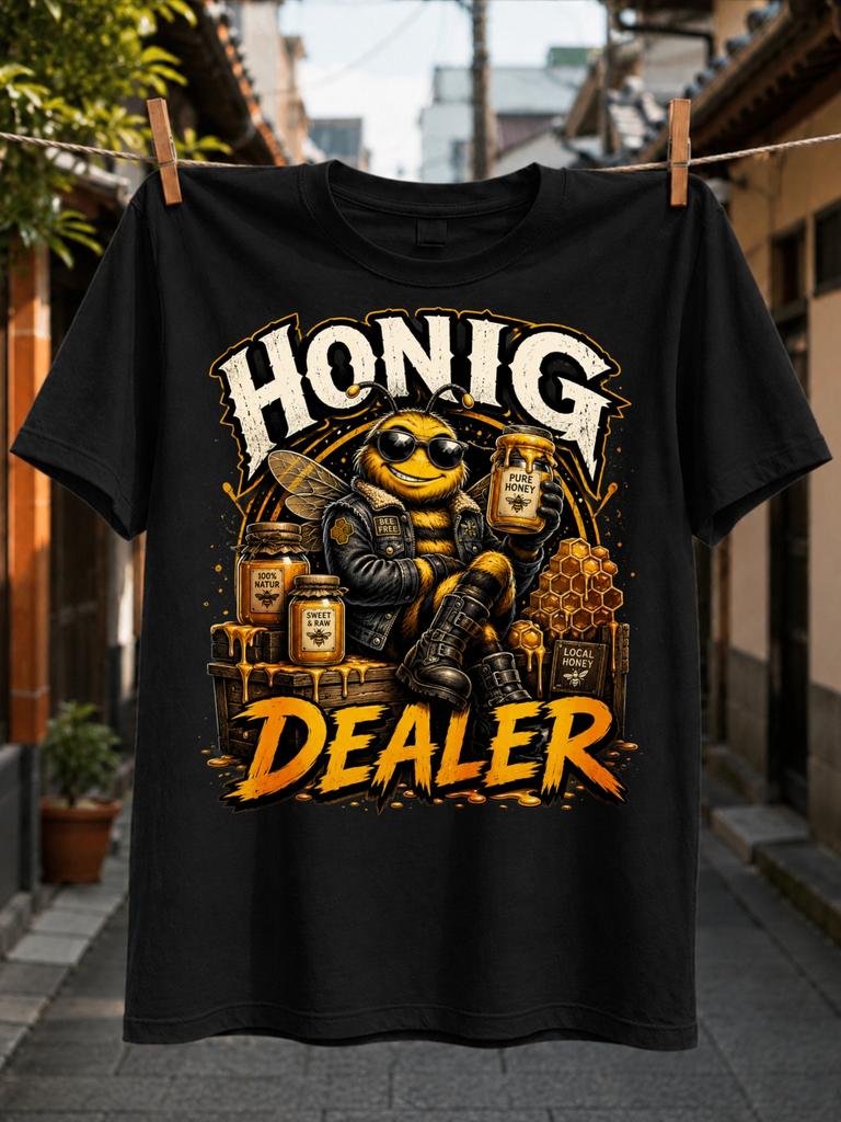 Honig Dealer Cool Biker Bee In And Leather Jacket With Honey Jars Honeycomb And Bold Grunge Text Unisex All Tshirt