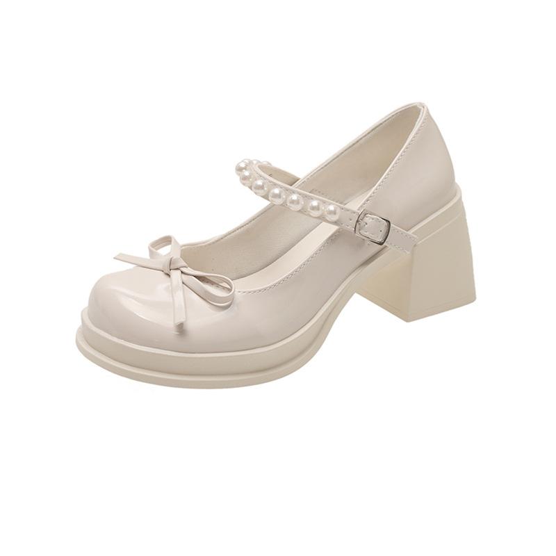 Sweet bow light mouth thick heel single shoes 2025 summer fashion one-word buckle belt Mary Jane high heel small leather shoes