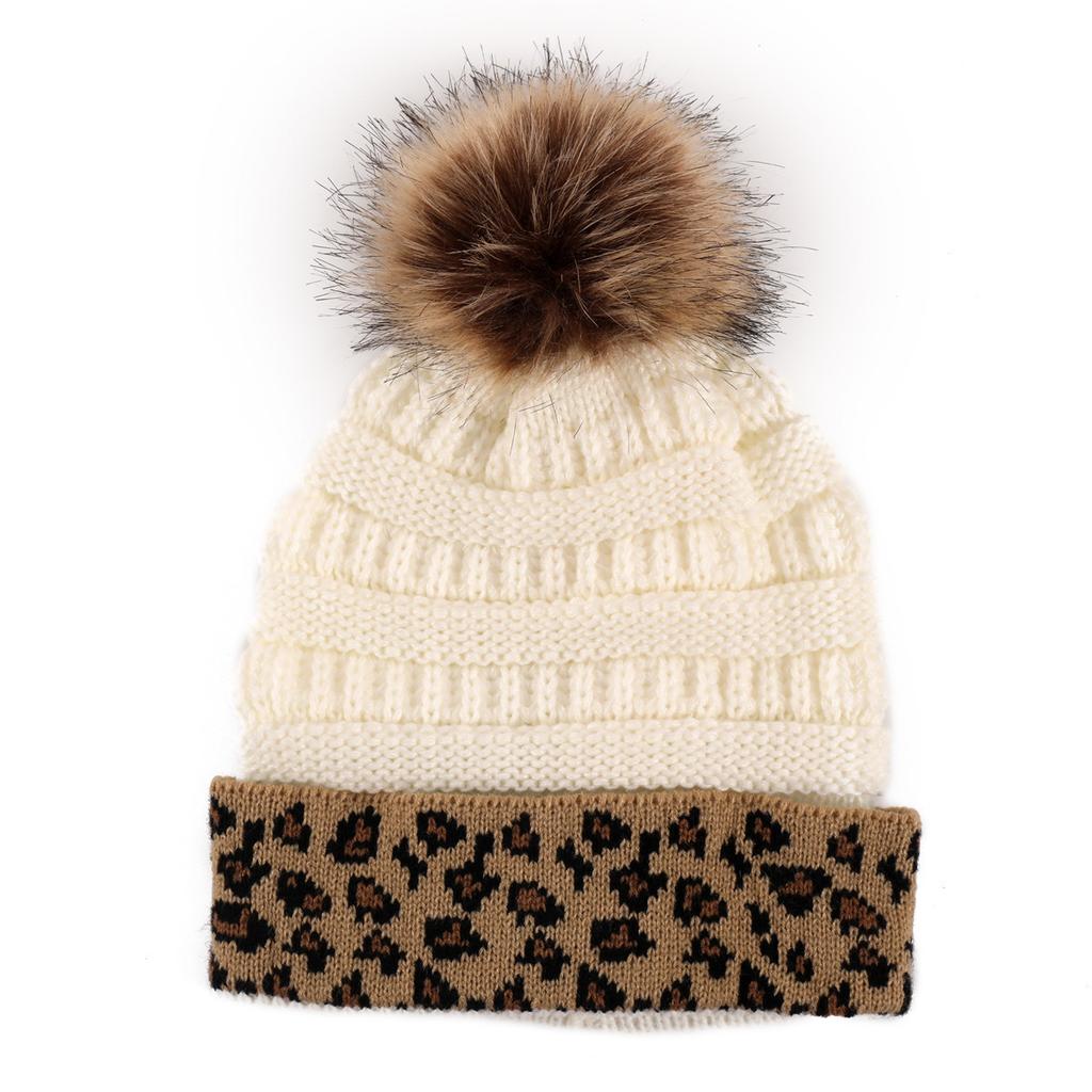 New Rolled Up Thickened Warm Knitted Cap  Winter Woolen Cap  Leopard Print Fashionable Pile Cap