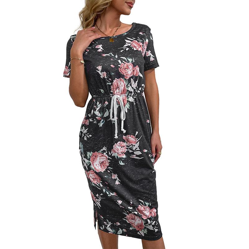 Summer print t-shirt skirt casual women's black dress