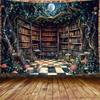 JAWO Fantasy Fairy Forest Tapestry Aesthetic, Witchy Mushroom Moon Vintage Library Nature Tapestry Wall Hanging for Bedroom, Dar