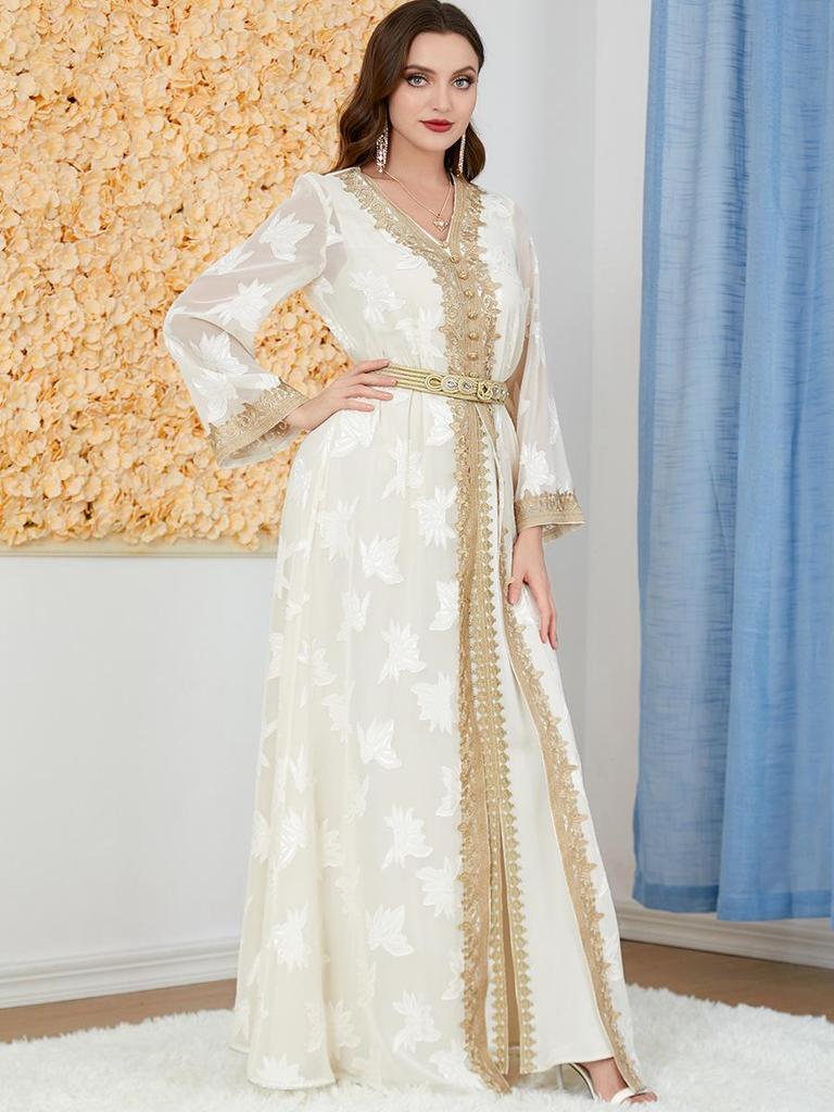Women's V-neck Long Sleeve Middle Eastern Abaya Two-Piece Set Dress