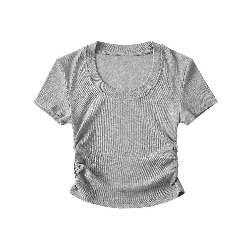 Trendy Women's Round Neck Short Sleeve Side Ruched Bodycon Crop Top