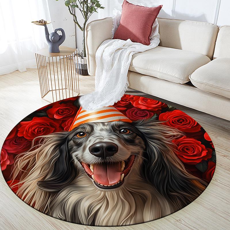 

Dog with Rose Birthday Hat,Round Area Rug,Carpet Rug for Living Room Bedroom Sofa Playroom Decor,Non-slip Floor Mat 80cmx80cm