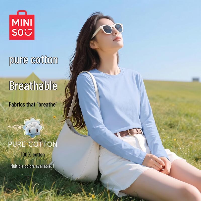 MINISO Women's 2026 Fall Casual Pure Cotton Long Sleeve T-Shirt