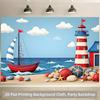 2D Kids Beach Lighthouse Backdrop, Summer Nautical Scene with Sailboat & Starfish