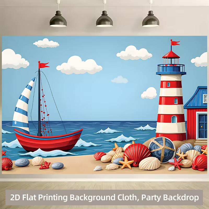 

2D Kids Beach Lighthouse Backdrop, Summer Nautical Scene with Sailboat & Starfish 47.2x31.5inch/120*80cm