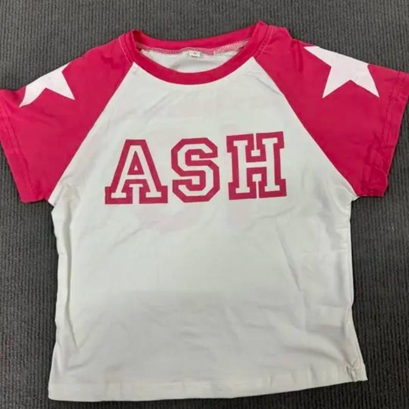 Y2K Summer Spicy Girl Rundhalspullover mit Stern- und Buchstabendruck, kontrastierende Kurzarm-T-Shirt mit offenem Nabel, europäisches und amerikanisches Damen-Top