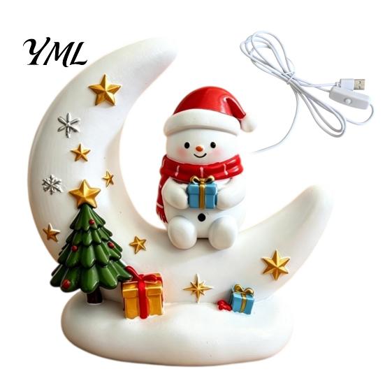 Holiday Party Supplies Christmas Moon Night Light with Santa Claus, Resin Decoration Warm LED Atmosphere Lighting Glow, Tabletop Ornament for